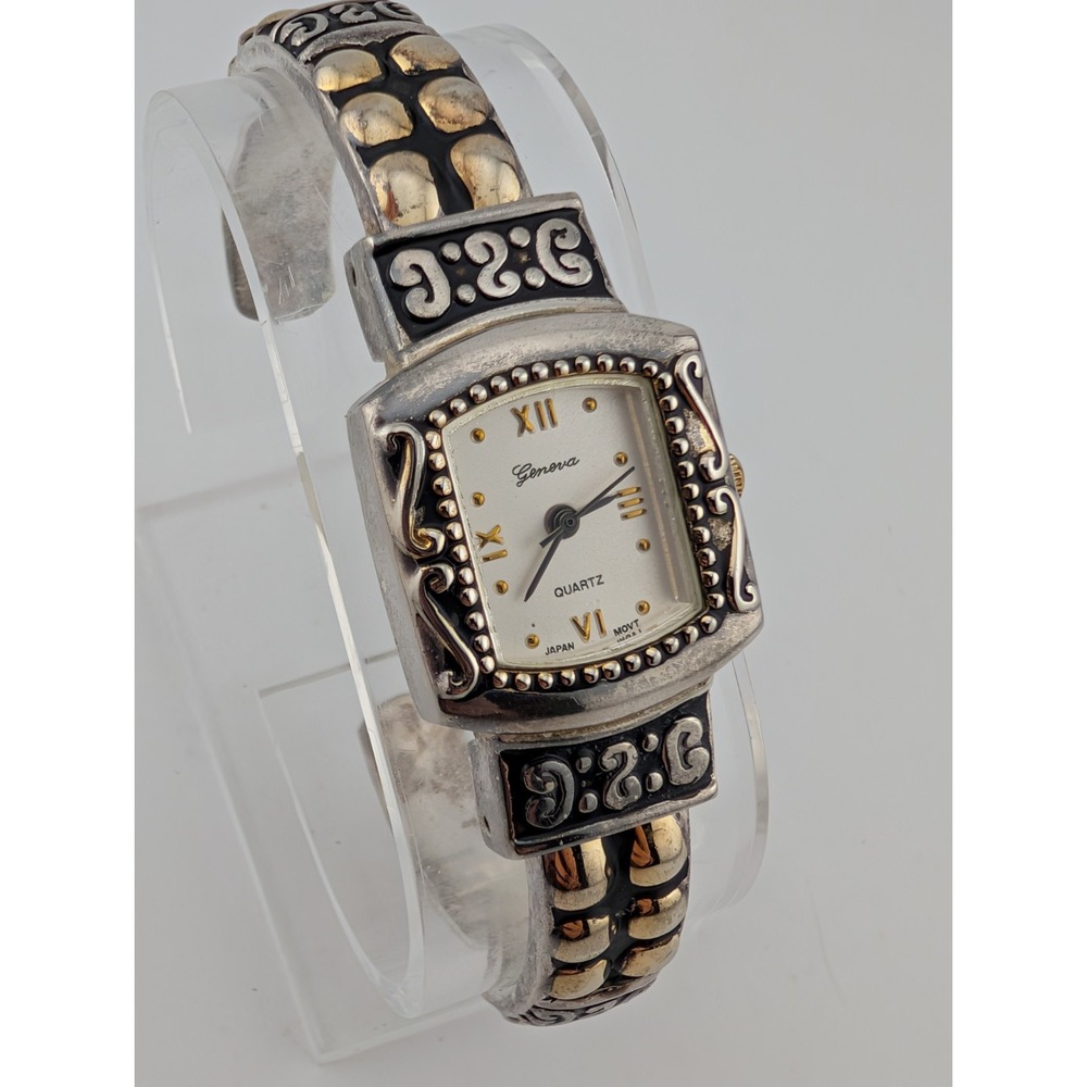 Geneva Platinum Watch Women 21mm Two Tone Open Cuff Bangle Band-New Battery